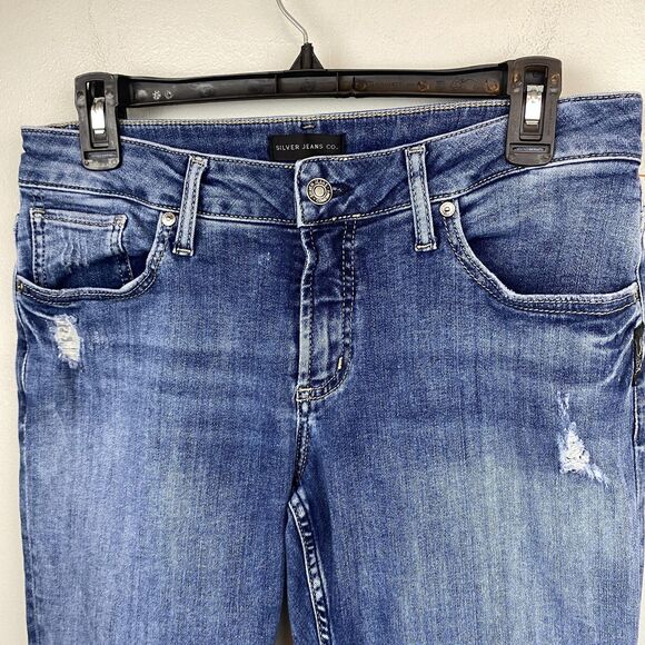 Silver Jeans Boyfriend Jeans Womens 29 Blue Distressed Frayed Hem Stretch Denim - Picture 2 of 12